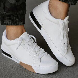 Low top Athleisure sneakers, off-white, black, and tan, size 9 by Maker's Shoes